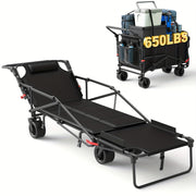 2-in-1 Multifunctional Folding Wagon Car, Convertible Beach Chair, 650LBS Large Capacity Wagon Car, Foldable Portable Grocery Wagon Car, Adjustable Backrest, All Terrain Travel Wagon Car Suitable f...