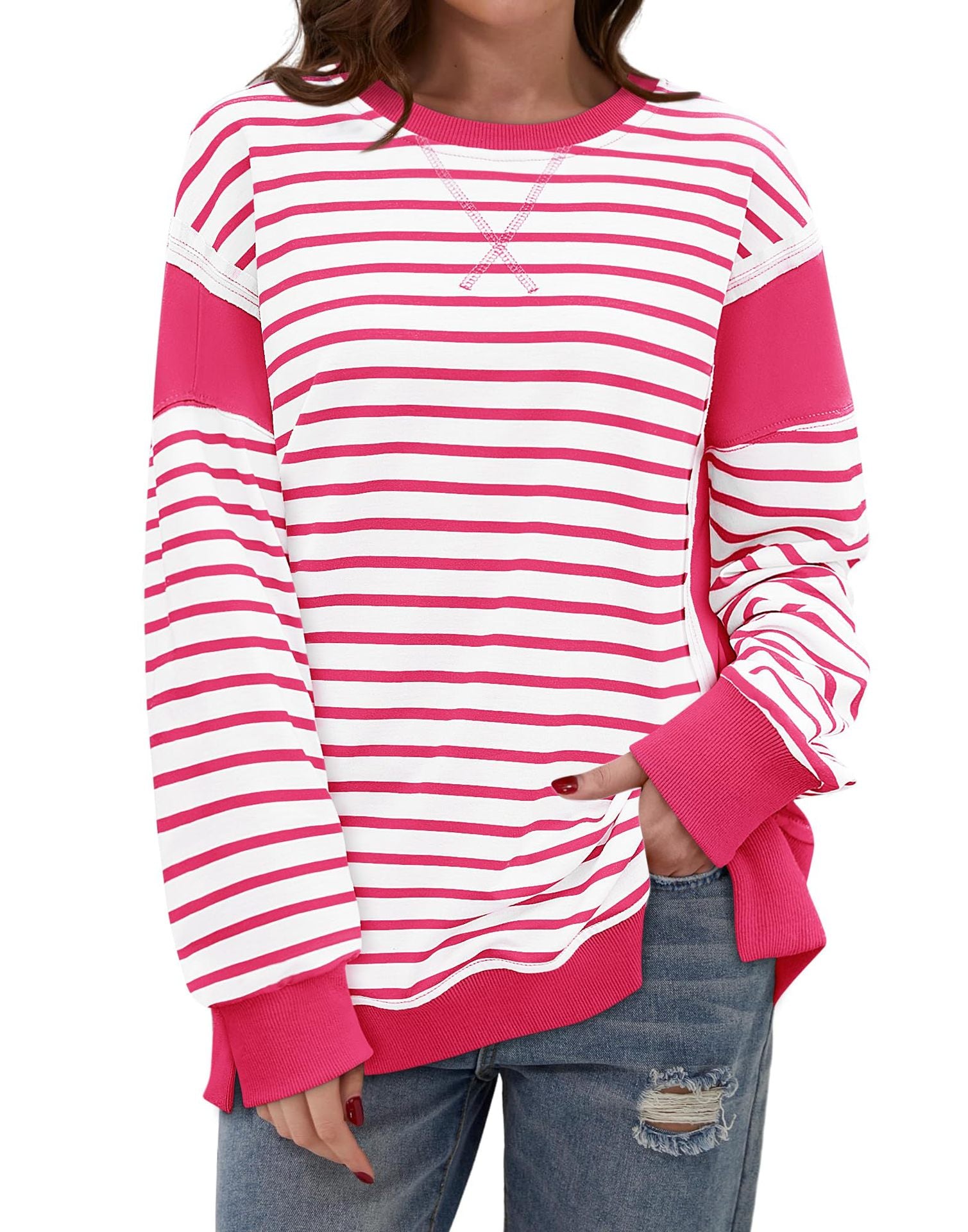 Colorblock Striped Long Sleeve Casual Pullover Sweatshirt