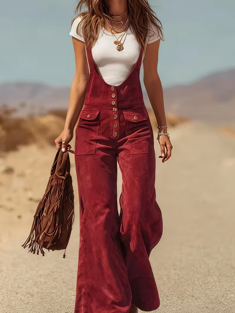 Retro Button-Decorated Wide-Leg Casual Jumpsuit