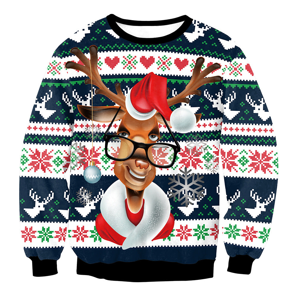 Festive Elk Print Christmas Sweater Long Sleeve Pullover