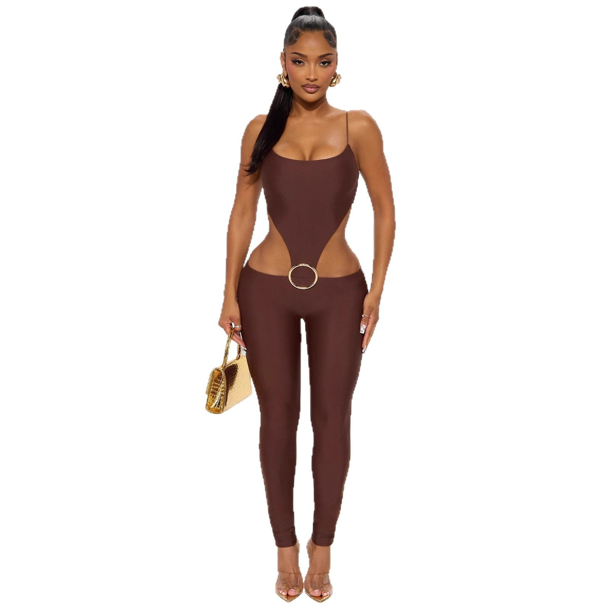 Sexy Hollow-Out Strap Top & Slim-Fit Mid-Waist Jumpsuit