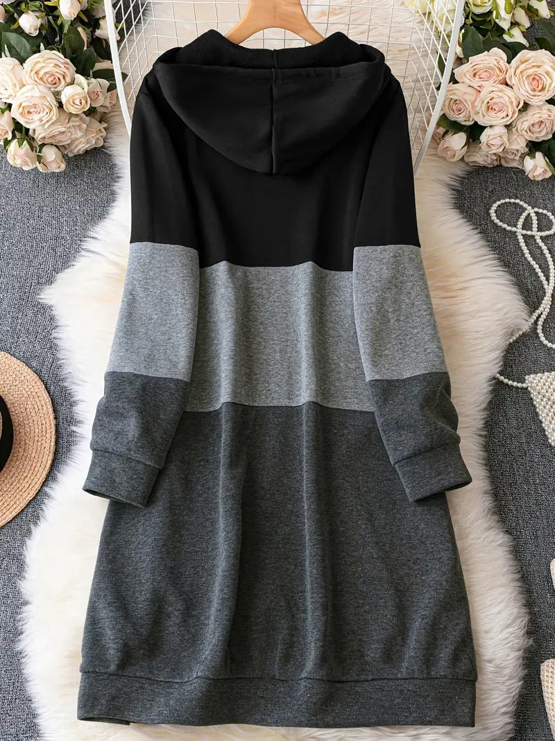 Color Block Patchwork Plus-Size Pocket Hoodie Coat