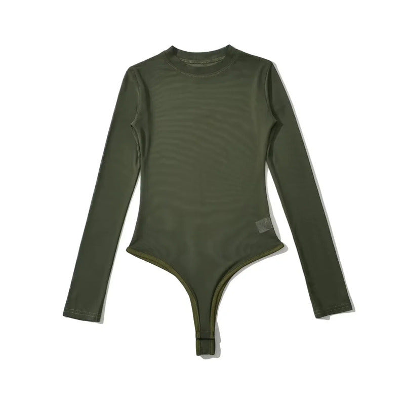 Sheer Mesh Long Sleeve Round Neck Jumpsuit