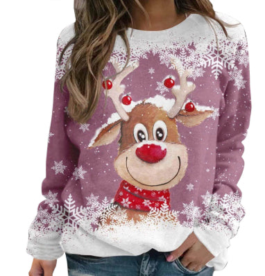 Women's 3D Cartoon Elk Print Loose Long Sleeve Sweatshirt