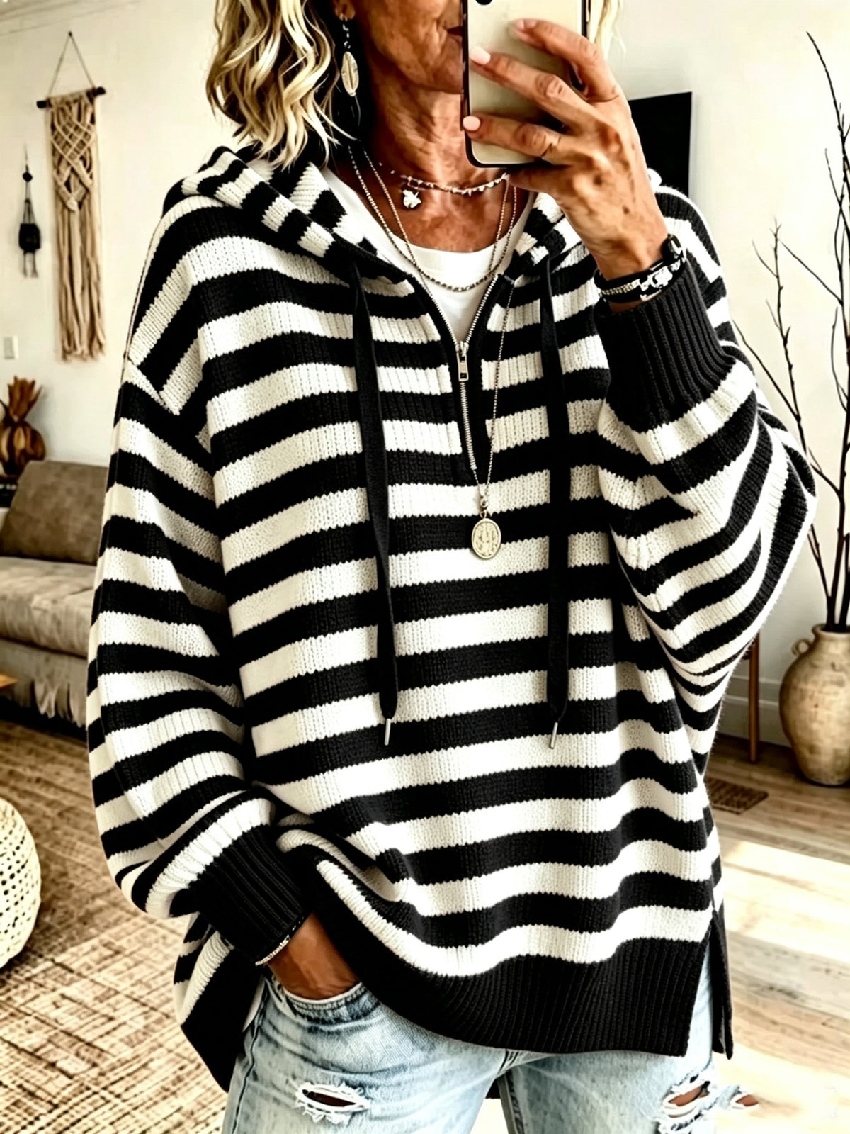 Retro Color-block Striped Half-zip Sweater with a Mock Neck