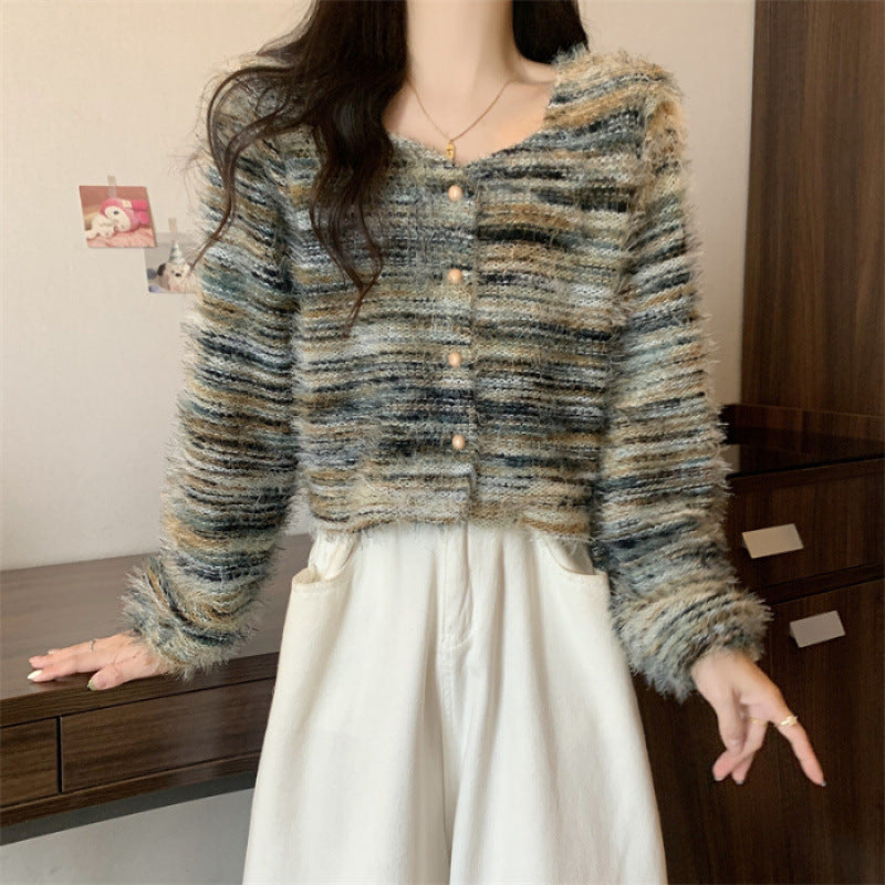 Soft Korean Style Square Collar Fur Design Striped Long Sleeve Sweater