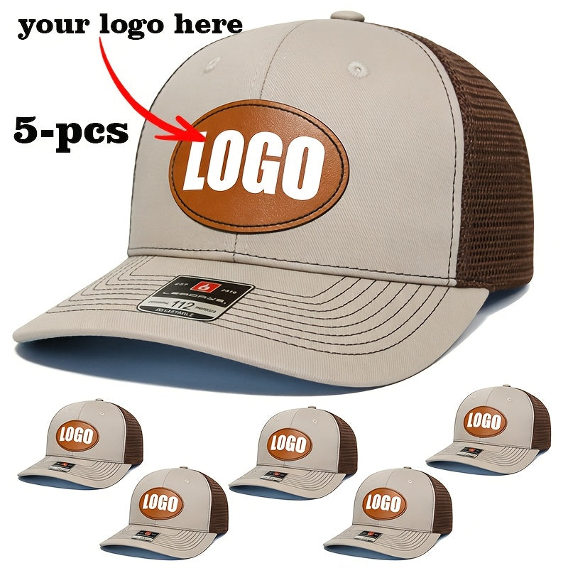 Set of 5 Tan Mesh Baseball Caps with Oval Logo – Snap‑Back Adjustable, 100% Polyester