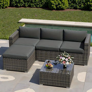 [Outdoor Sectional Sofa Set] 5pcs All-Weather Modular Outdoor Sectional Sofa & Coffee Table Patio Furniture Set - Gray Wicker Suitable for Balcony, Porch, Backyard, Deck with Cushions, Cushioned Tabletop, Wicker, Conversation Sectional Sets