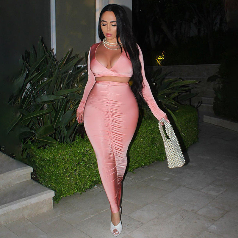 European And American Sexy Fashion Suit New Long-Sleeved V-Neck Blouse Hip Slim Skirt