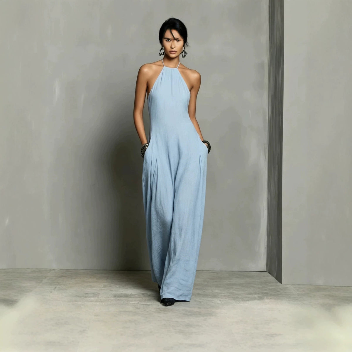 Elegant Backless Pleated Wide-Leg Jumpsuit