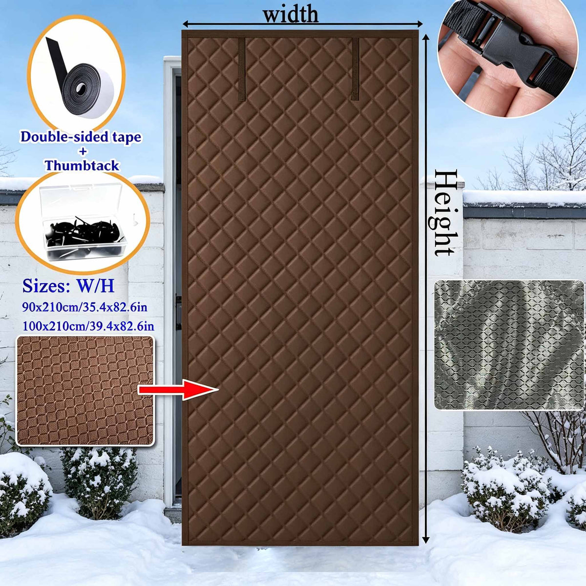 Magnetic Thermal Insulated Door Curtain, Diamond Grid Thick Cotton, Windproof Soundproof Drape, Roll Up Design, Winter Cold Protection