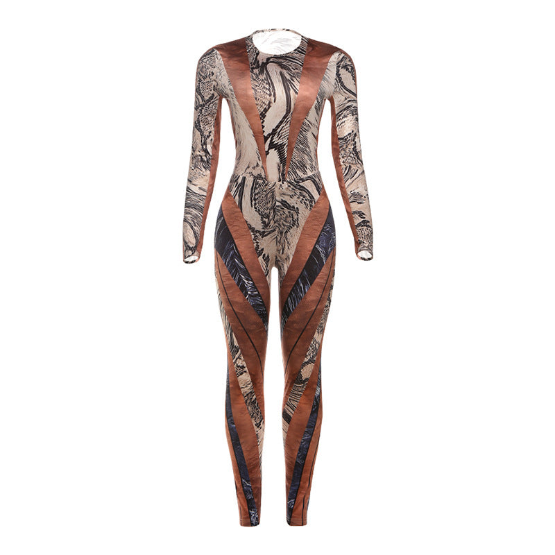 Snake-Print Sexy Bodycon Jumpsuit & Pants Set