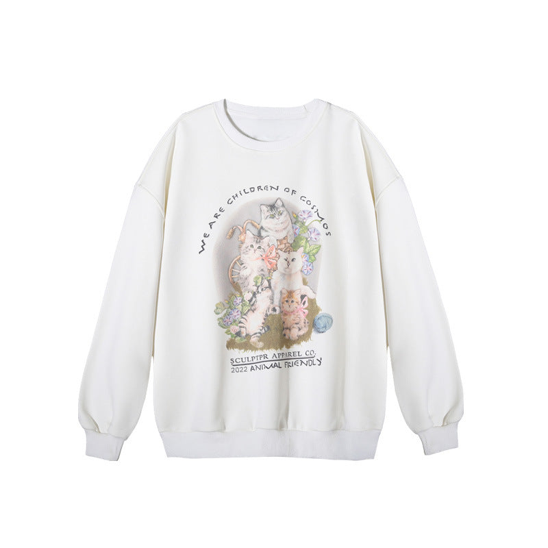 Cute Cartoon Round Neck Loose Mid-Length Cotton Sweater