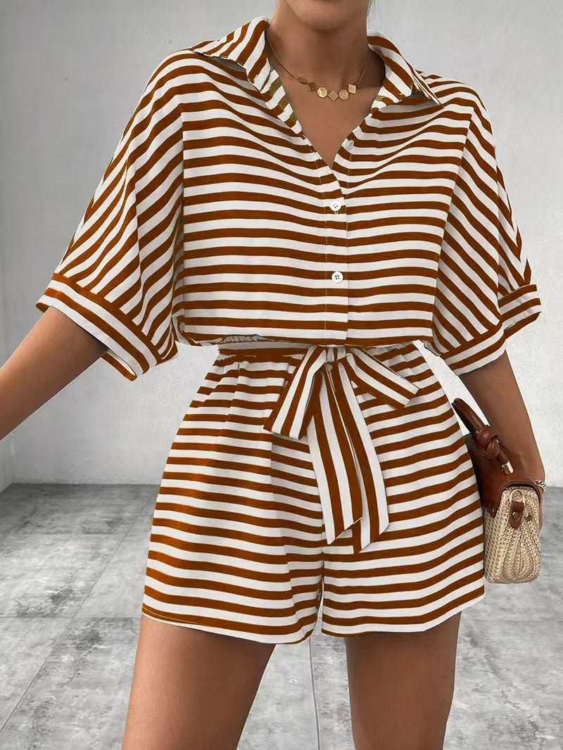 Summer Striped Lapel Belted Jumpsuit