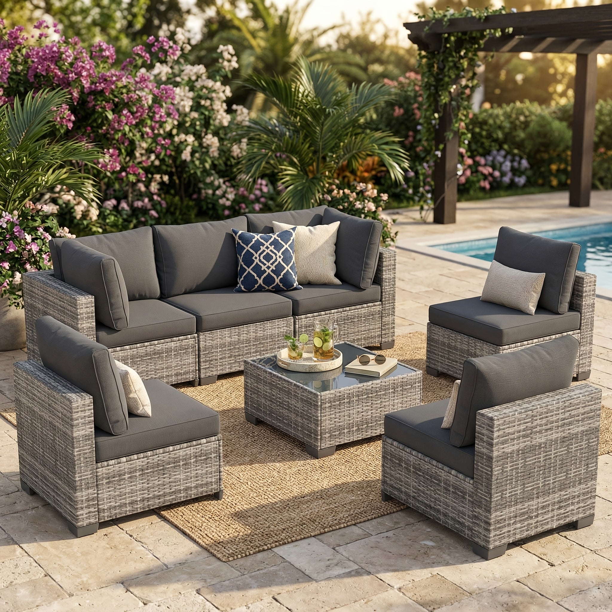 Patio Furniture Sets, Outdoor Patio Furniture Set, All-Weather PE Rattan Sectional Furniture with Thick Cushions & Tempered Glass Coffee Table, Modular Conversation Sofa Set for Garden, Backyard, Poolside, Balcony