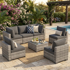 All-Weather PE Rattan Sectional Set with Thick Cushions and Tempered Glass Coffee Table – Modular Outdoor Sofa for Garden and Balcony