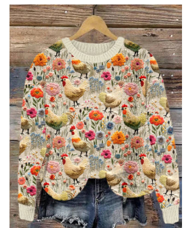 Cozy Abstract Print Drop-Shoulder Women's Casual Sweater