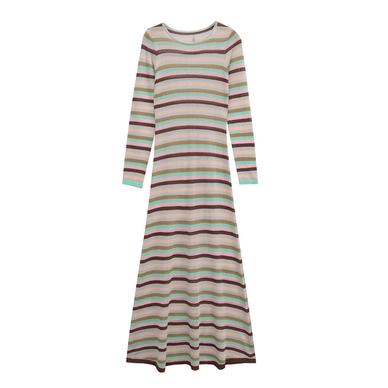 Womens Metallic Stripe Long-sleeve Dress