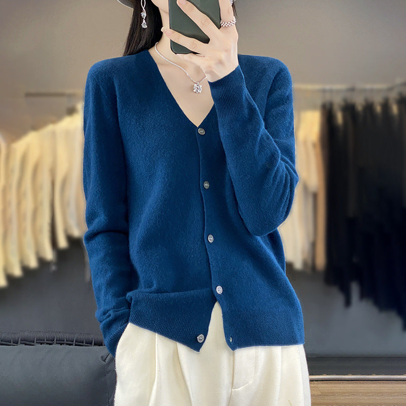 Womens Wool Cardigan Long-sleeve V-neck Sweater Coat