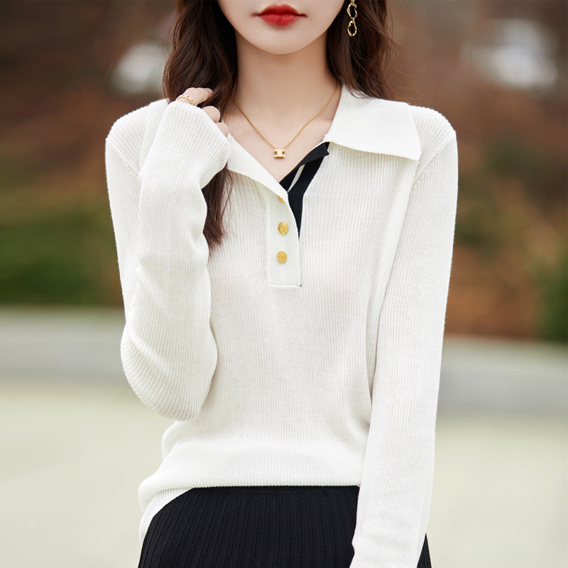 Spring Color Stitching Turnover Neck Design Women's Tencel Sweater
