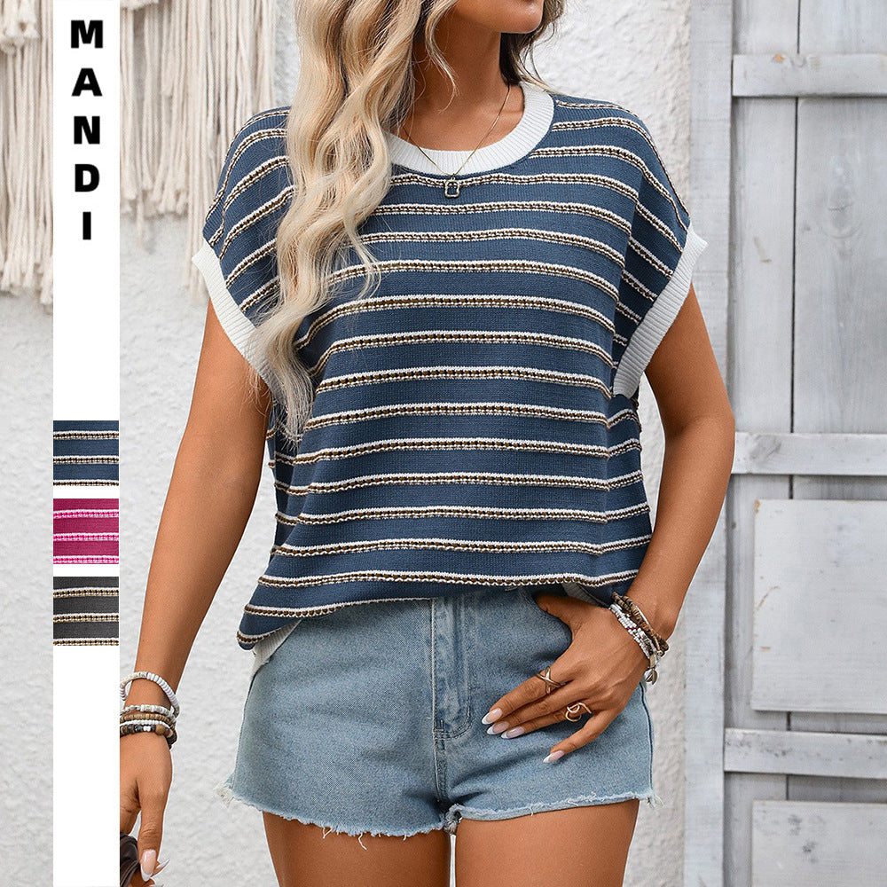 Summer New Arrival Crew-neck Knitted Top Casual Striped Contrast-color Sweater