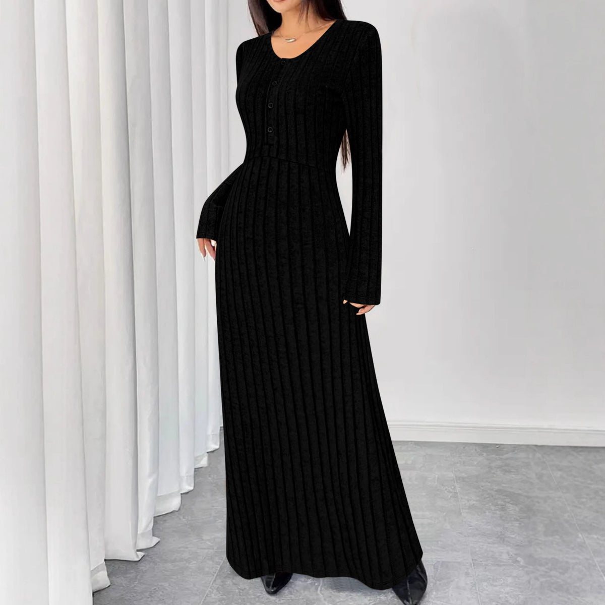 Ribbed Knit V-Neck Half-Button Maxi Dress