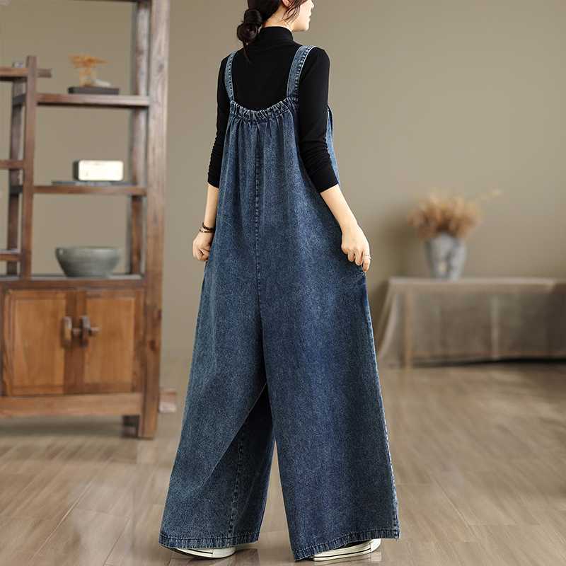 Retro Loose-Fit Denim Overalls Plus-Size Casual Pants