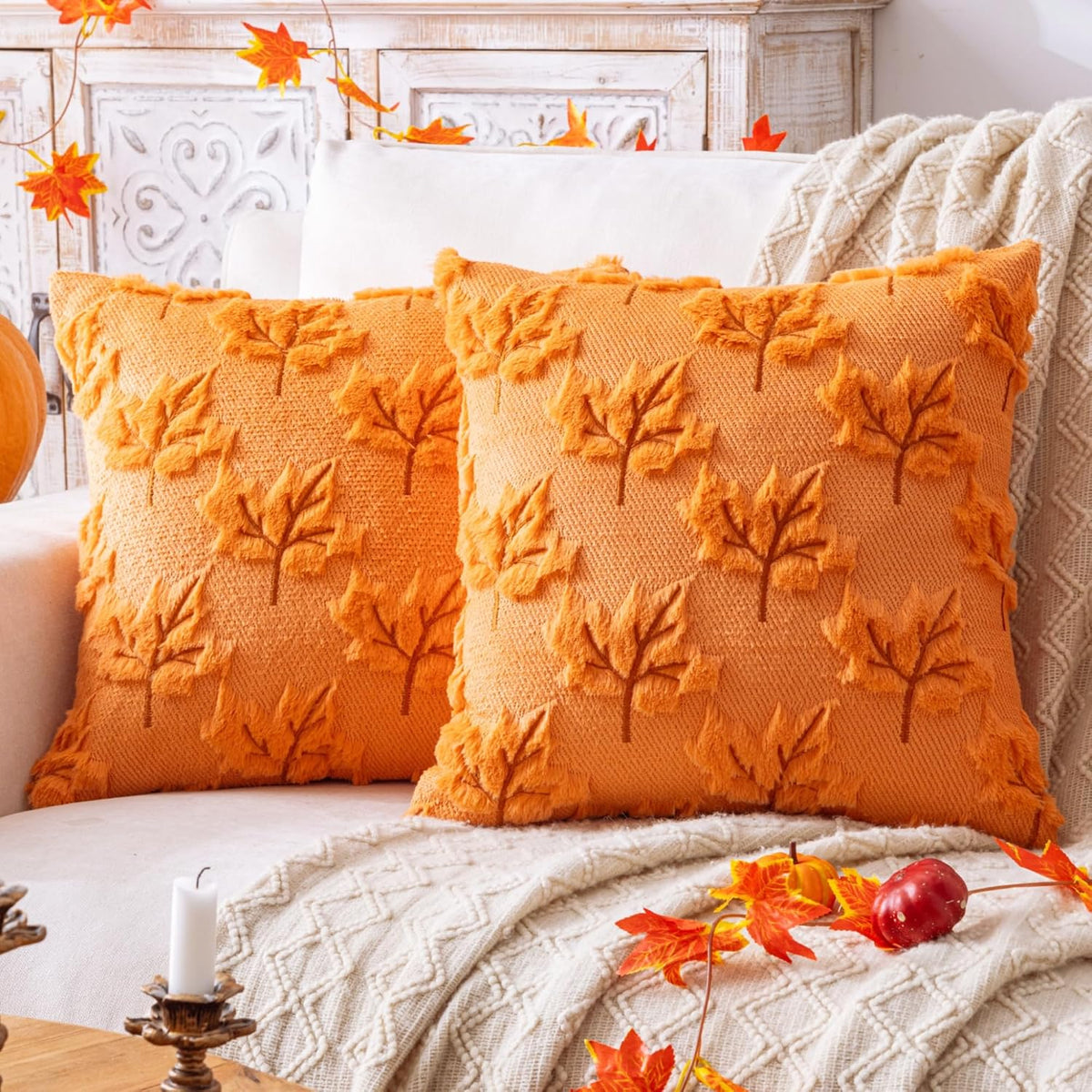 Maple Leaf Fall Pillow Covers 2 Pack, 20x20 Inch Orange Decorative Cushion Cases for Sofa, Couch, Bed and Autumn Decor