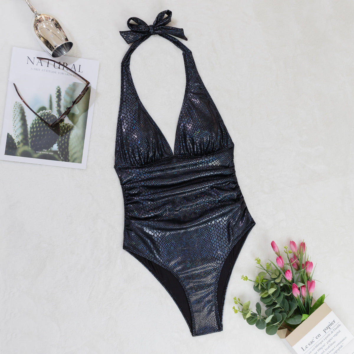 New Black Snakeskin One-piece Bikini