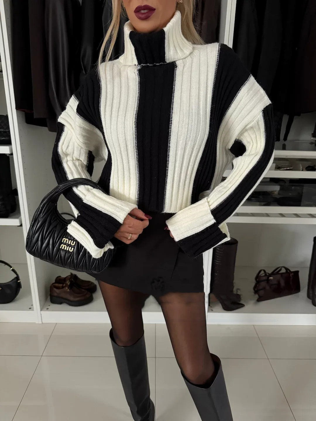 Women's Patchwork Turtleneck Long-sleeved Sweater