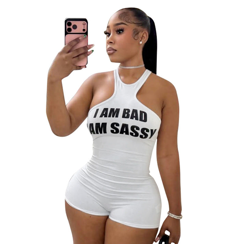 Womens Letter-print Sleeveless Halter-neck Tank Top And Shorts Set