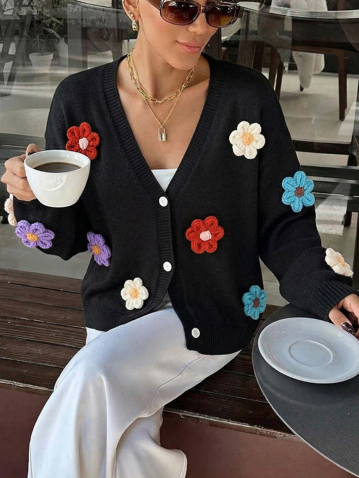 Ladies Colorful Flower Knit Cardigan Loose Long Sleeve Casual Layering Outerwear