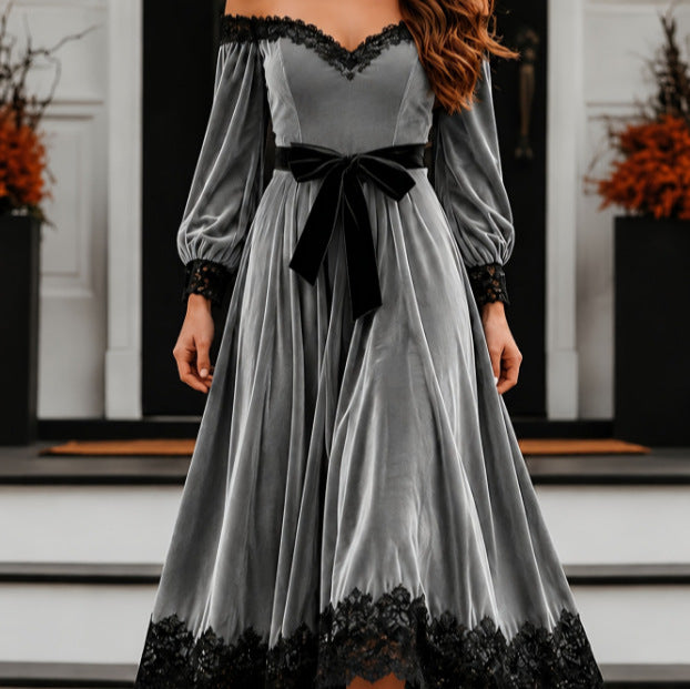 Sexy Lace-panel Velvet Long-sleeve Maxi Evening Dress