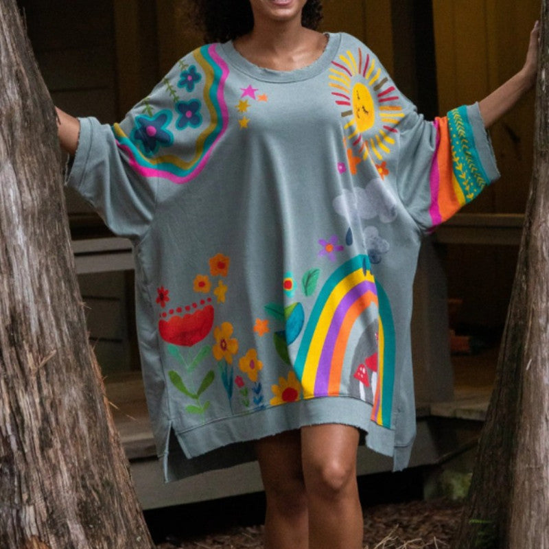 Cozy Rainbow Printed Oversized Crew Neck Sweatshirt
