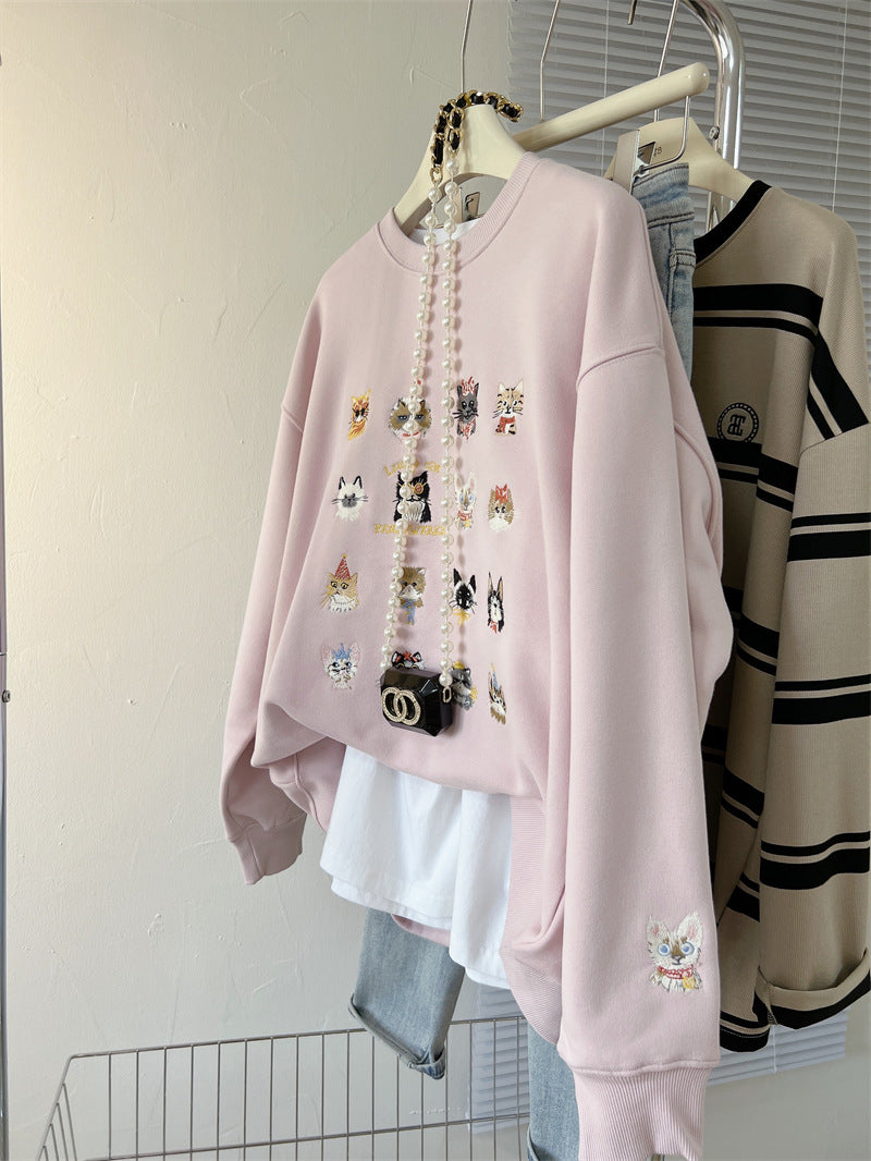 Cute Kitten Embroidered Loose Streetwear Sweater Coat