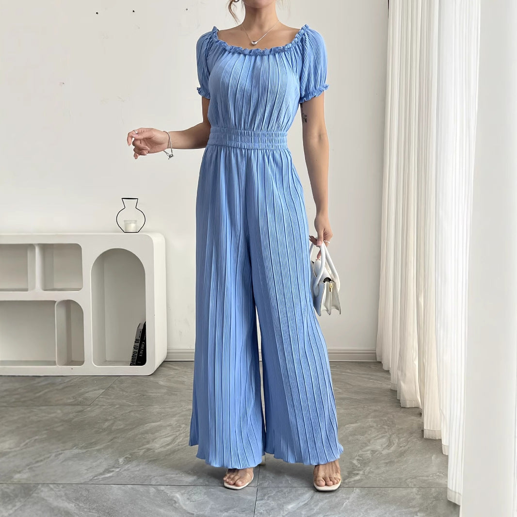 Chiffon Square-neck Pleated Lace-up Ruffled One-piece Pants