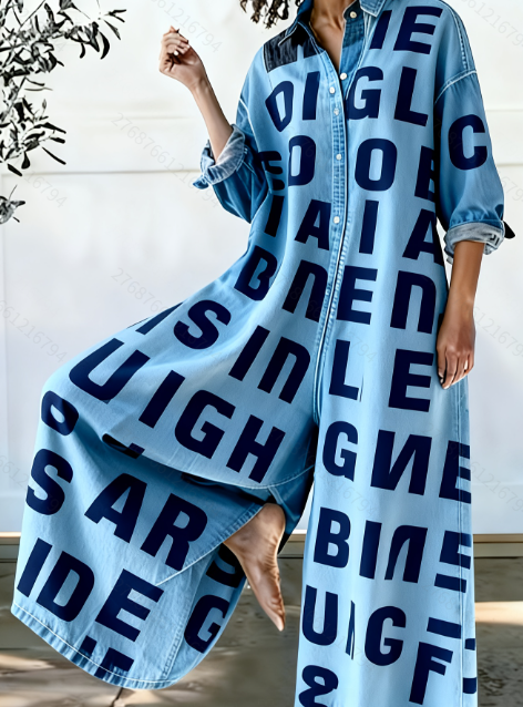 Retro Patchwork Casual Long-Sleeve Wide-Leg Jumpsuit