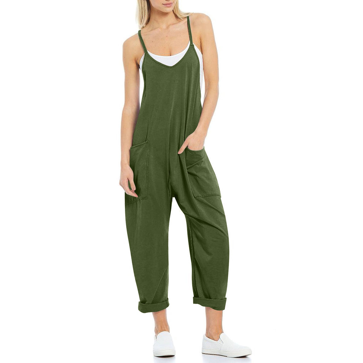 Women's Knit Spaghetti Strap Pocket Romper Jumpsuit