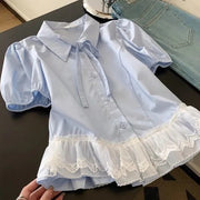 Light Luxury Youth-Enhancing Blue Lace Hem Short-Sleeve Shirt