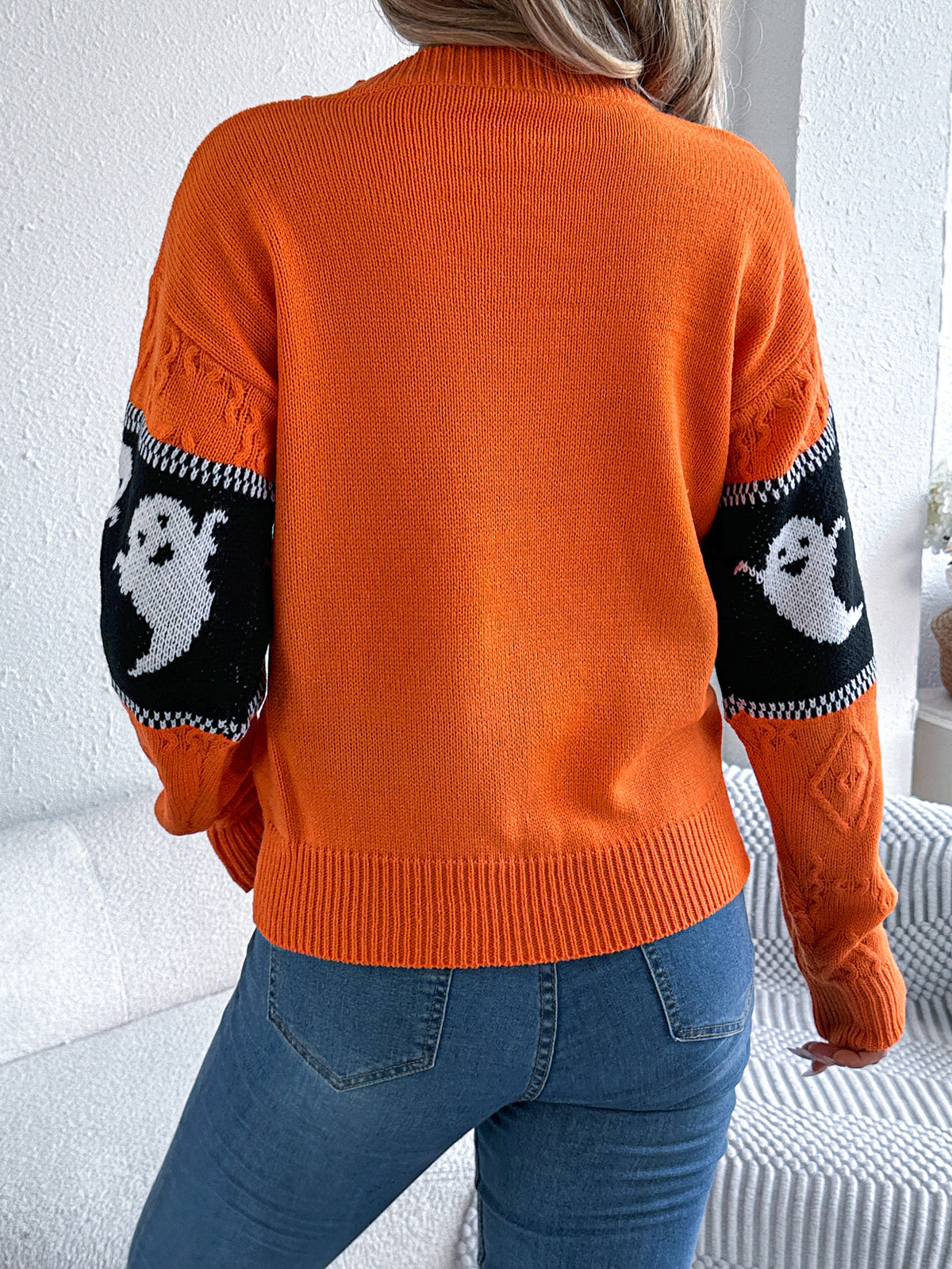 Women Ghost Color Block Long Sleeve Pullover Sweater