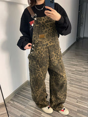 Retro Leopard-Print Denim Overalls For Women