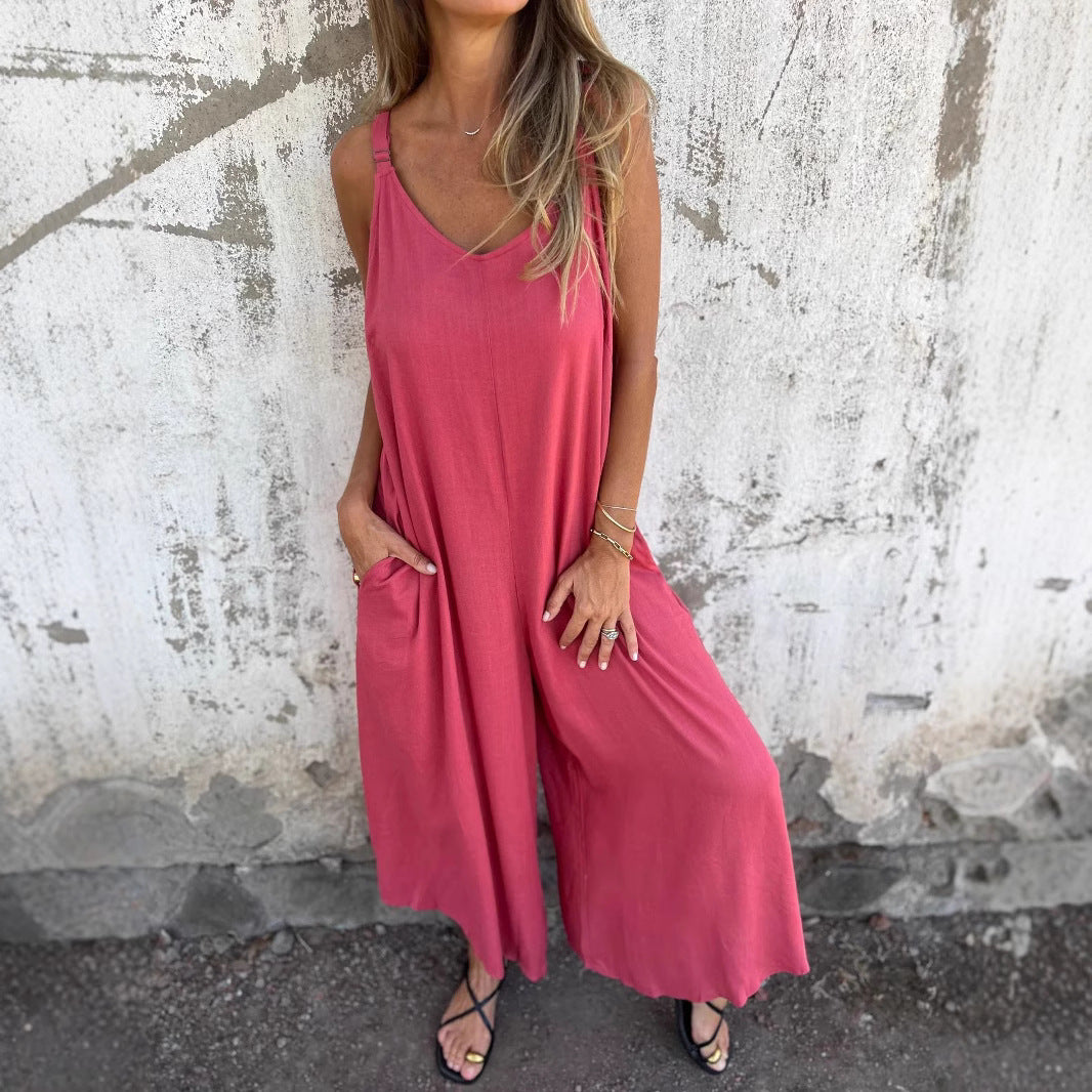 Loose-fitting Casual Cotton-linen Tank Jumpsuit With Patch Pockets