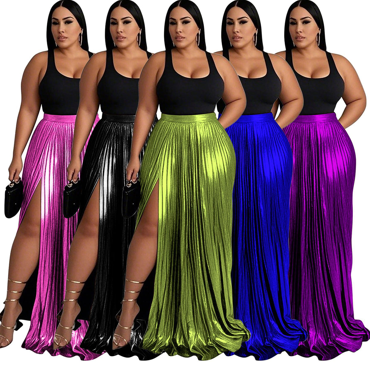 High-Waist Pleated Slit Long Skirt