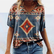 Retro 3D Print V-Neck Tee Casual Vintage Women's Top