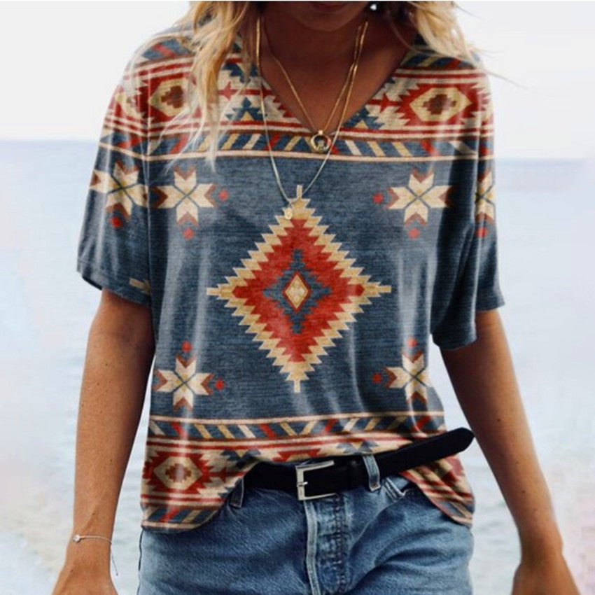 Retro 3D Print V-Neck Tee Casual Vintage Women's Top