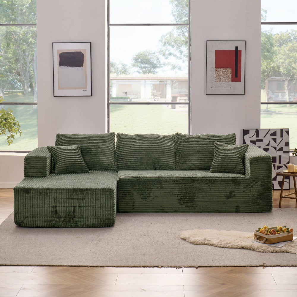 Modular L-shaped chaise longue sofa bed with deep seat and corduroy upholstery