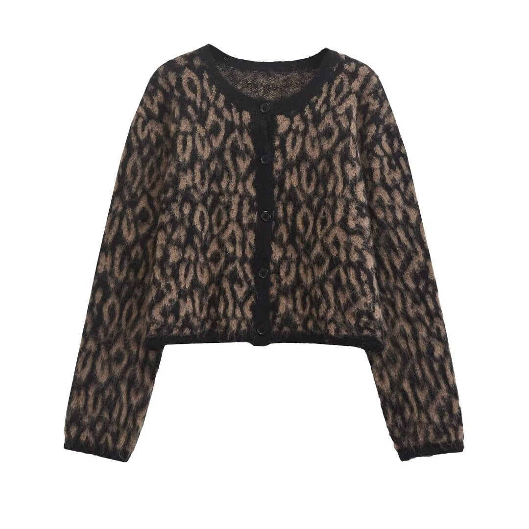 American-style Vintage Brown Leopard-print Crew-neck Cardigan Patterned Single-breasted Short Jacket