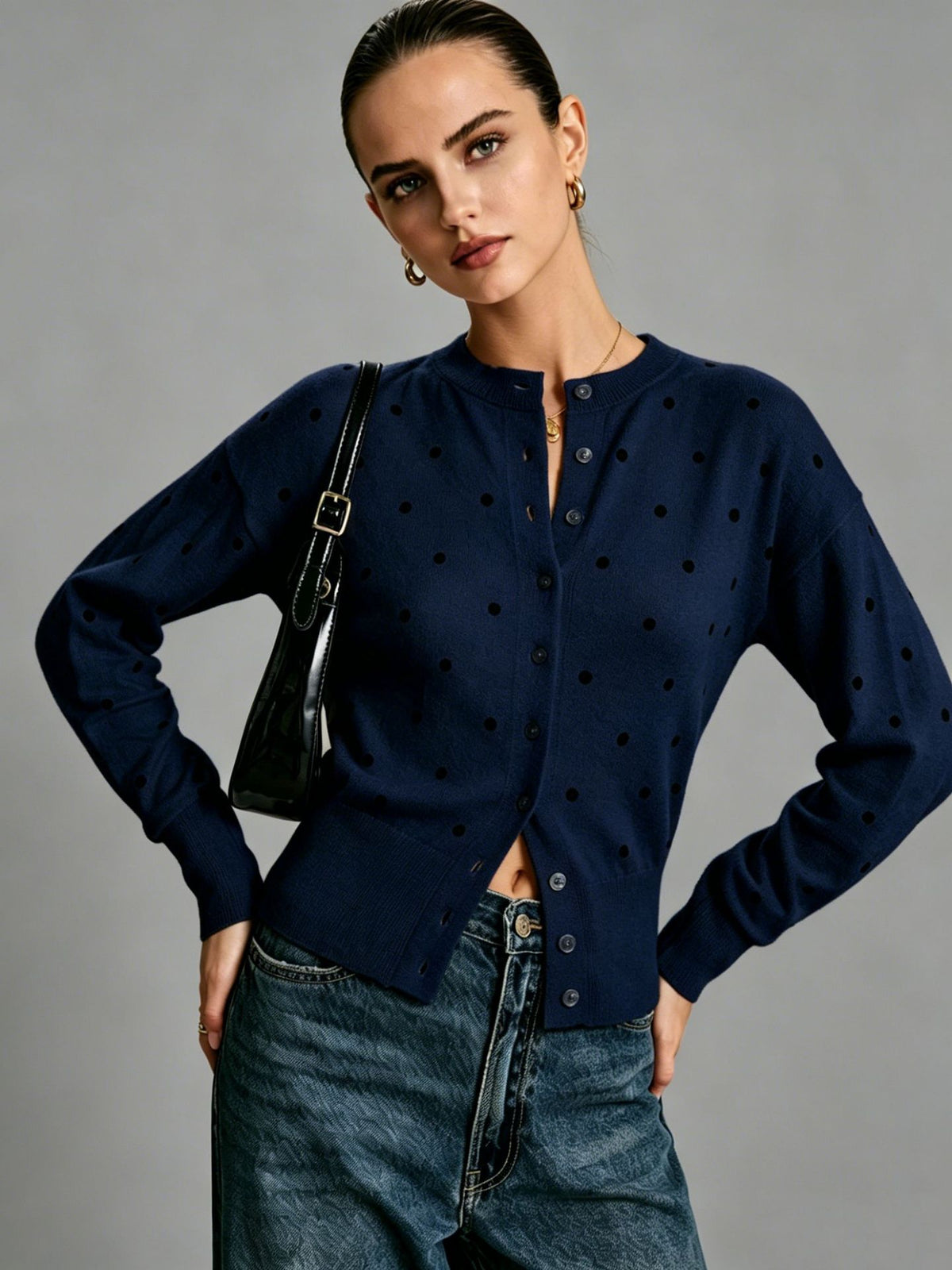Round-neck Polka-dot Jacquard Vintage Casual Knit Cardigan