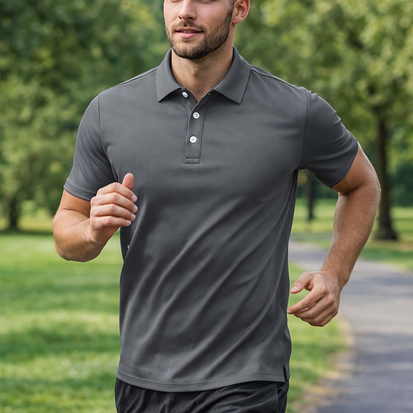 Men's Short Sleeve Button-Up Collar Polo Shirt in Polyester