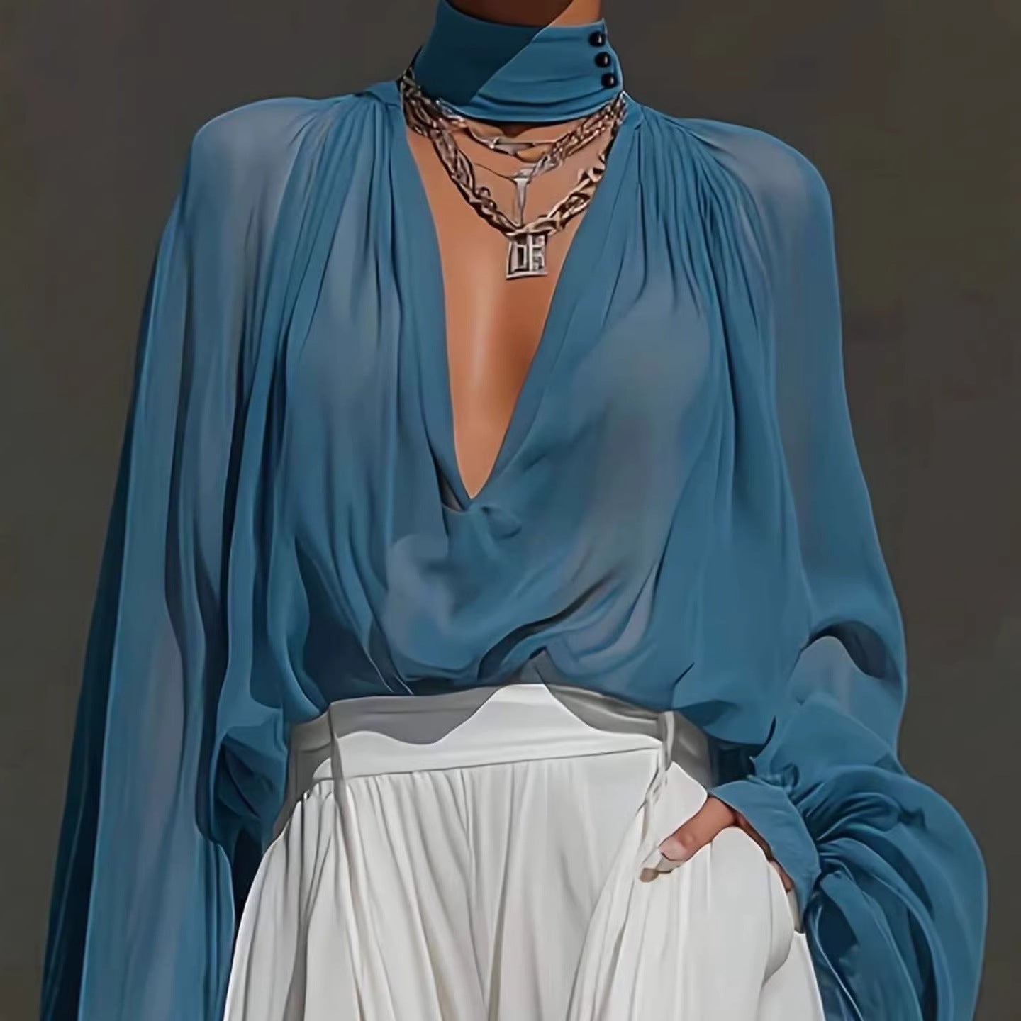 Loose-fit Plus-size Long-sleeve Shirt With A Deep V-neck And Puff Sleeves